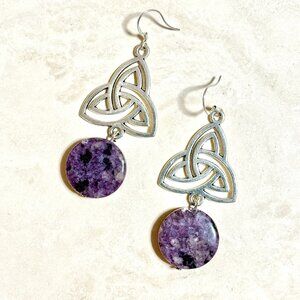 2/$20, Genuine Violet Charoite Triqueta Sterling Silver Dangle Earrings